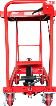 Rear view of a red hydraulic lift table cart with raised scissor frame, handle, wheels, foot pedal, release lever, and labels.