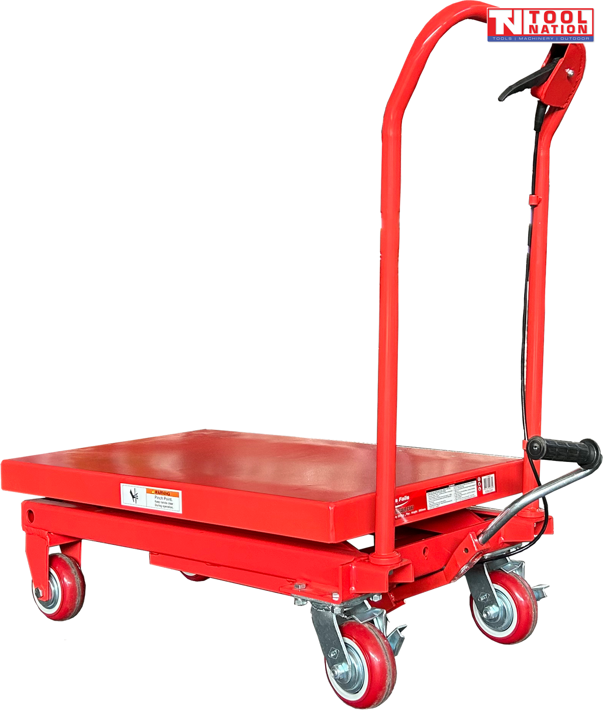 Angled view of a red hydraulic lift table cart with lowered platform, handle, wheels, foot pedal, and labels.