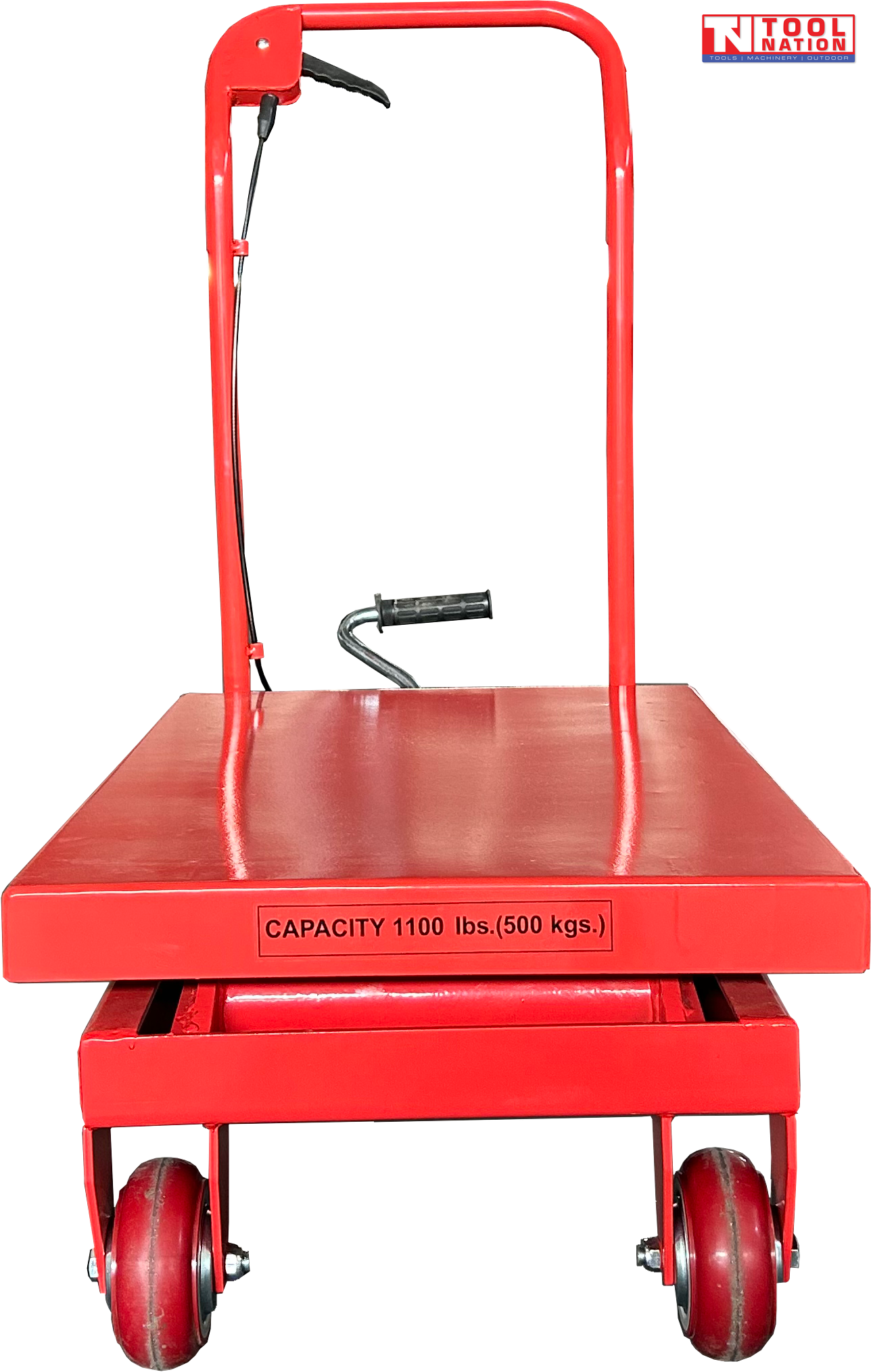 Front view of a red hydraulic lift table cart with lowered platform, handle, wheels, foot pedal, and visible capacity text.