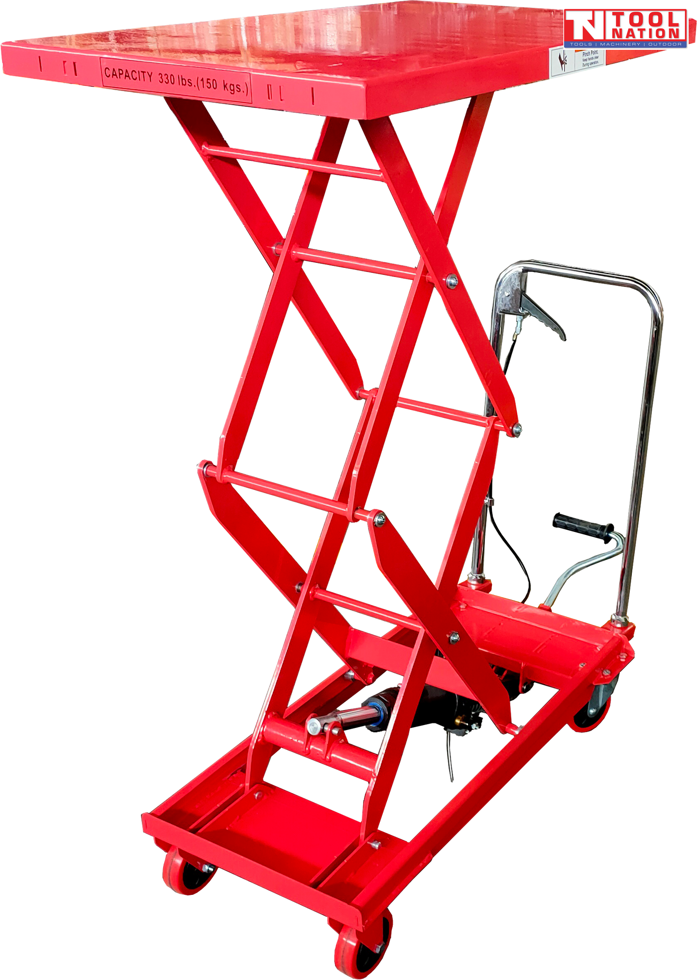 Red hydraulic lift table cart with raised double scissor frame, handle, wheels, foot pedal, and visible capacity text.