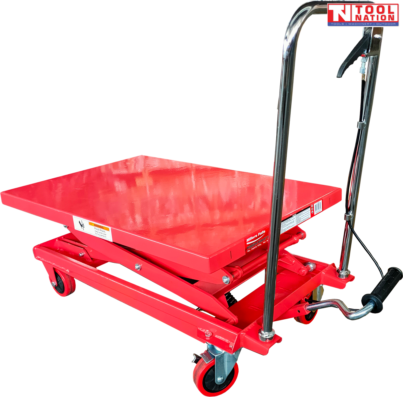 Red hydraulic lift table cart with lowered platform, chrome handle, foot pedal, wheels, and labels.
