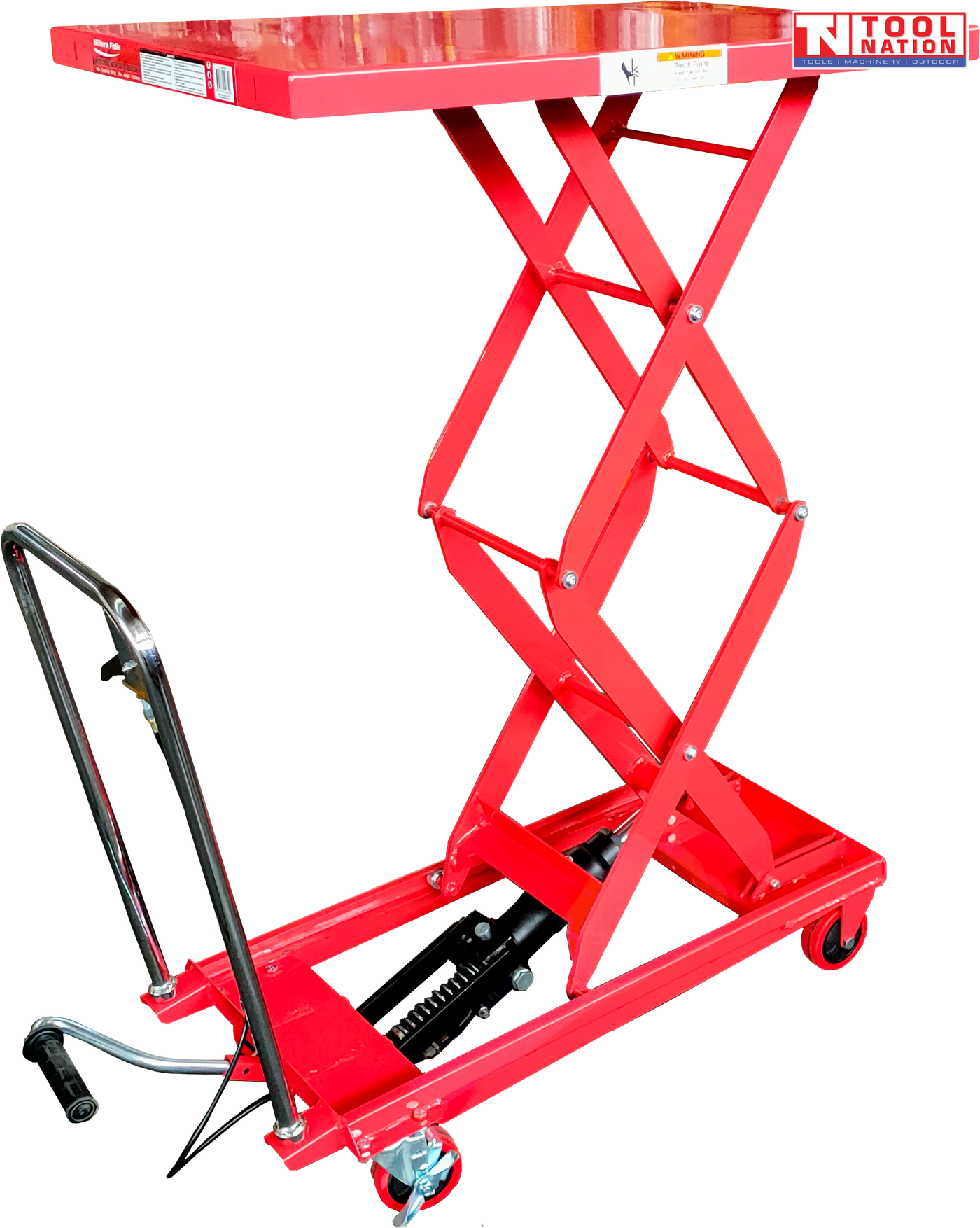 Red hydraulic lift table cart with raised double scissor frame, chrome handle, foot pedal, wheels, and labels.