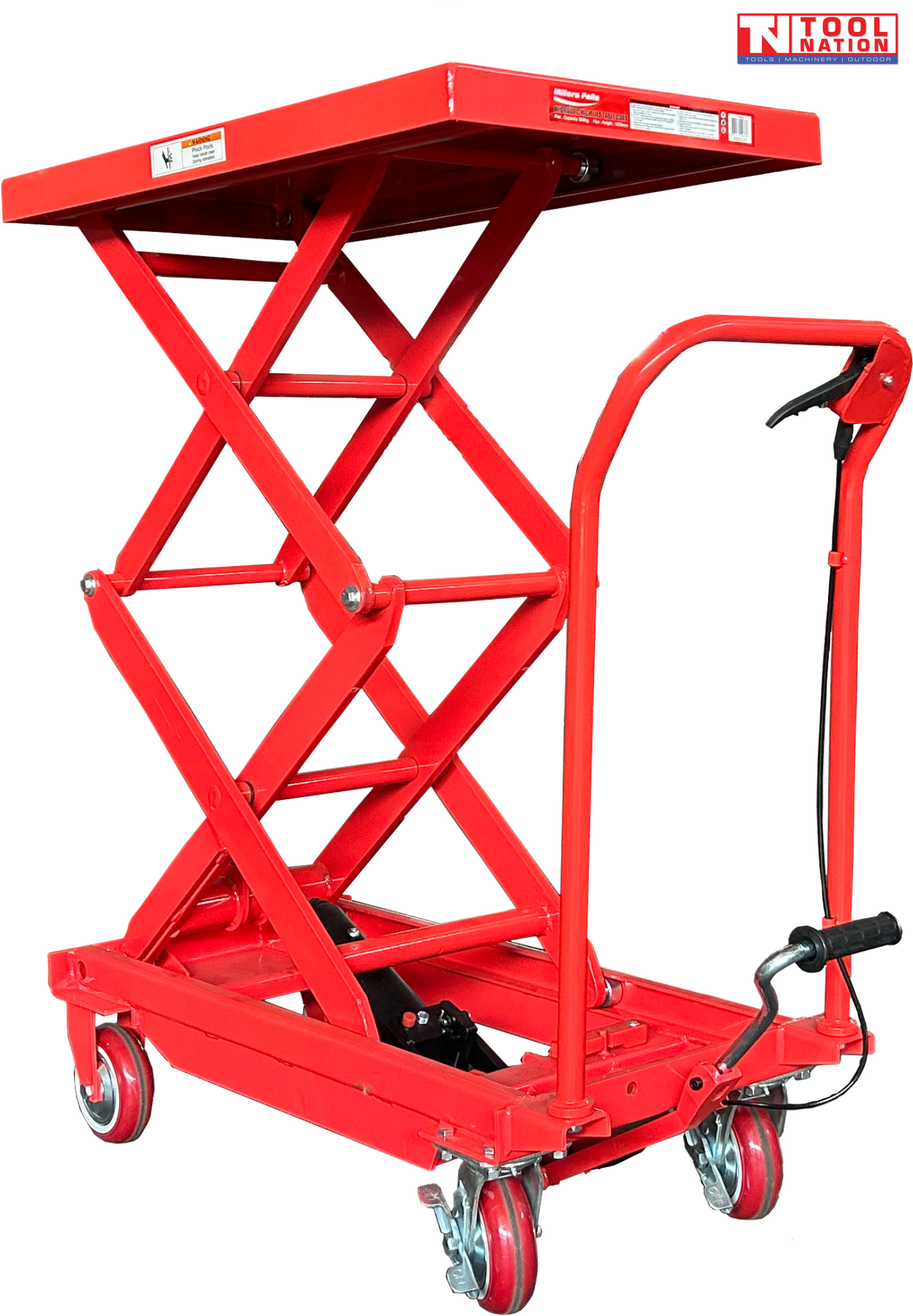 Red hydraulic lift table cart with raised double scissor frame, handle, wheels, foot pedal, labels, and logo in the top corner.