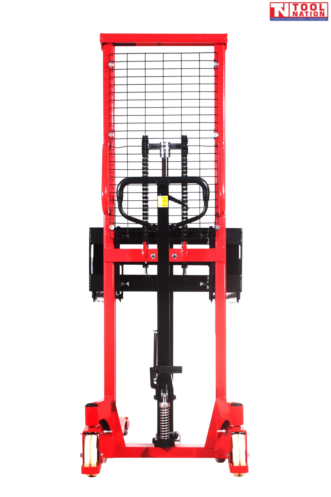 Front view of a red pallet stacker with black handle, mesh guard, chain mechanism, forks, and wheels.