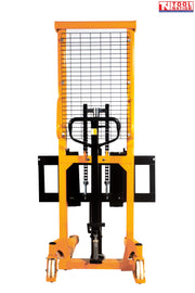 Front view of a yellow pallet stacker with mesh guard, black handle, chain mechanism, forks, and wheels.