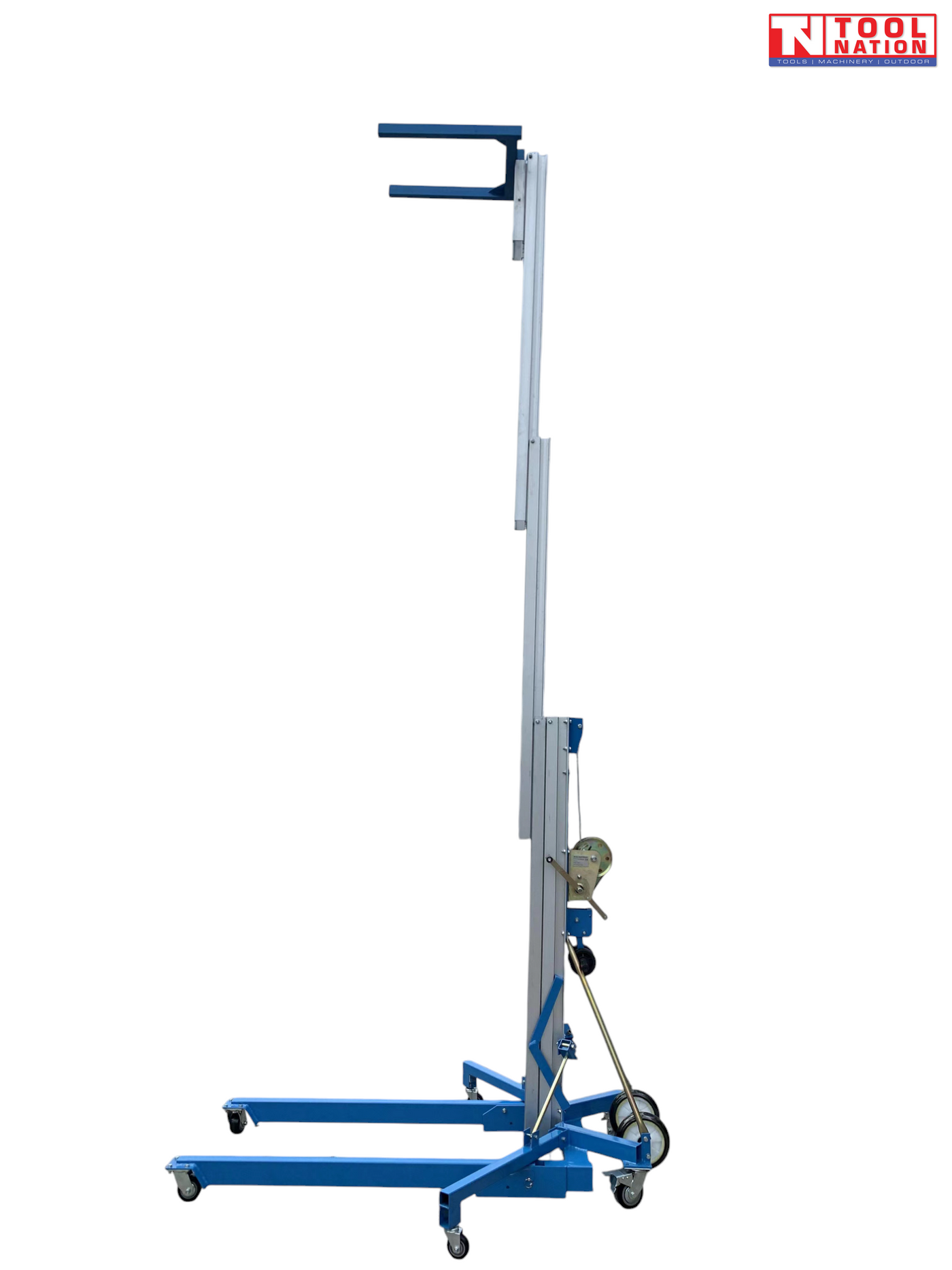 Side view of an extended blue material lift with raised forks, mast, hand crank, stabiliser legs, and wheels.