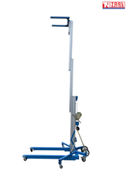 Side view of an extended blue material lift with raised forks, mast, hand crank, stabiliser legs, and wheels.