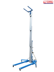 Angled view of an extended blue material lift with raised forks, tall mast, stabiliser legs, wheels, and logo in the top corner.