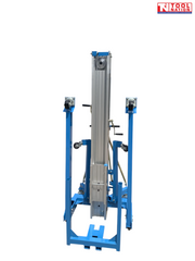 Folded blue material lift with upright mast, frame, hand crank, and wheels shown from the front.