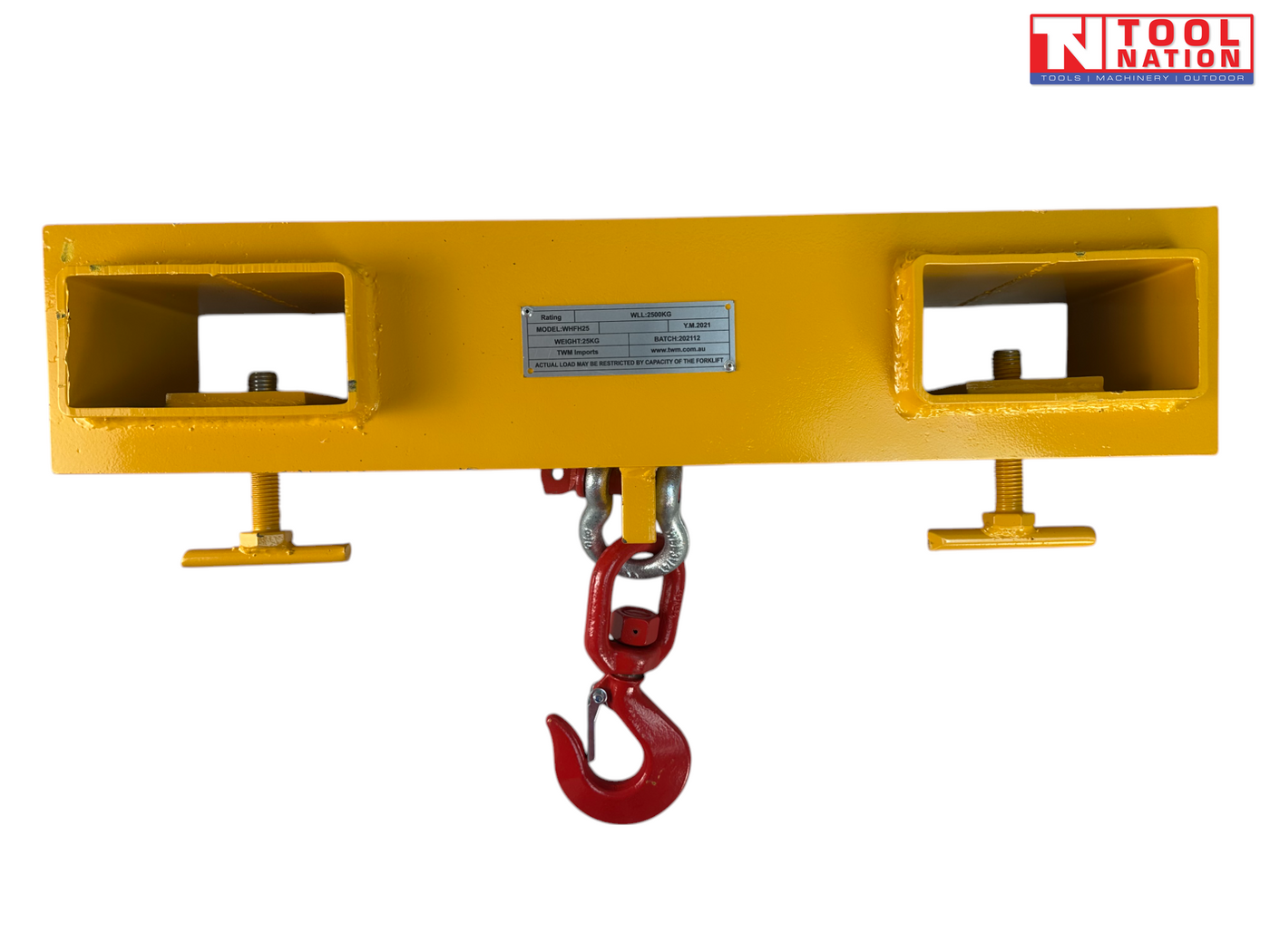 Front view of a yellow forklift lifting hook attachment with two rectangular fork pockets, red hook, silver shackle, clamp screws and Tool Nation logo.
