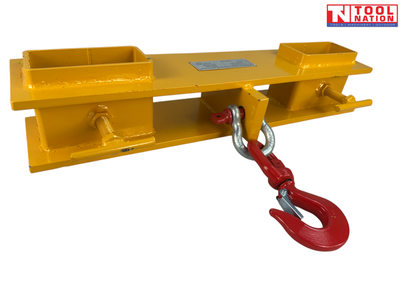 Yellow forklift lifting hook attachment shown from a low angle with two fork pockets, red swivel hook, silver shackle, clamp screws and Tool Nation logo.