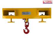 Front view of a yellow forklift lifting hook attachment with two rectangular fork pockets, clamp screws, red hook, silver shackle and Tool Nation logo.