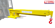 Yellow forklift crane jib attached to forklift tines, with a long boom, red swivel hook, chain, warning labels and Tool Nation logo on a dark background.