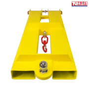Yellow forklift tow jib attachment shown from above with two fork pockets, red swivel hook, silver shackle, tow ball and Tool Nation logo.