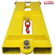 Yellow forklift tow jib attachment shown from above with two fork pockets, red swivel hook, silver shackle, tow ball and Tool Nation logo.