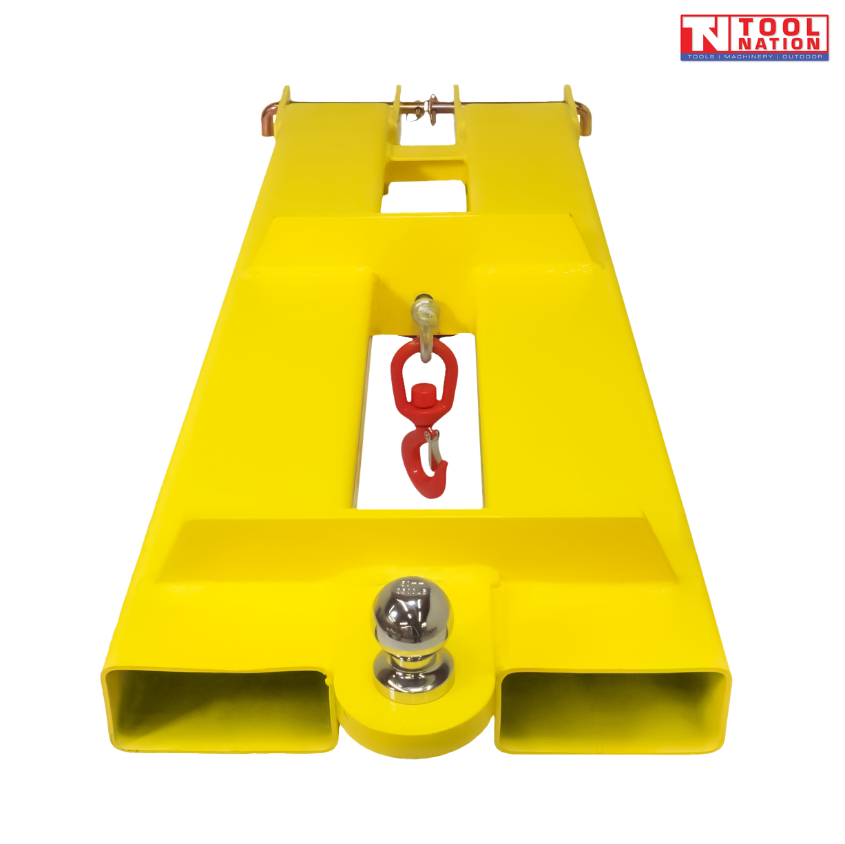 Yellow forklift tow jib attachment shown from above with two fork pockets, red swivel hook, silver shackle, tow ball and Tool Nation logo.
