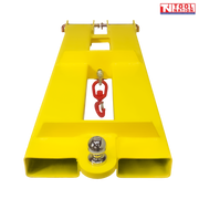 Yellow forklift tow jib attachment shown from above with two fork pockets, red swivel hook, silver shackle, tow ball and Tool Nation logo.