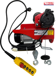 Red electric hoist with trolley wheels, motor, cables, hooks, yellow pendant control, labels, and a logo in the top right corner.