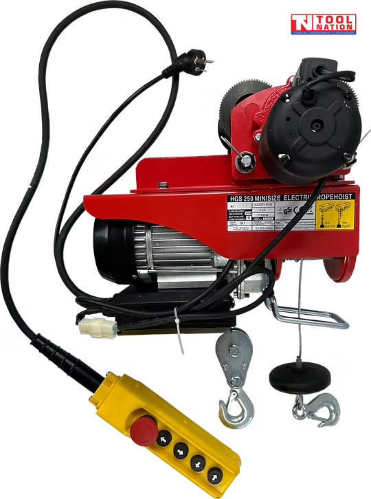 Red electric hoist with trolley wheels, motor, cables, hooks, yellow pendant control, labels, and a logo in the top right corner.