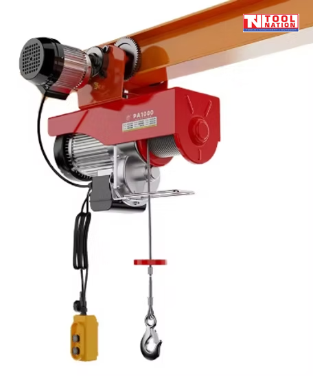Red electric hoist mounted on an orange beam, with motor, cable, hook, pendant control, trolley wheels, and a logo in the top right corner.