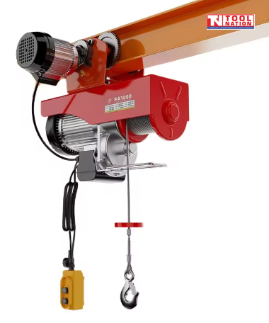 Red electric hoist mounted under an orange beam with a hanging hook and pendant control.