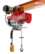 Red electric hoist mounted under an orange beam with a hanging hook and pendant control.