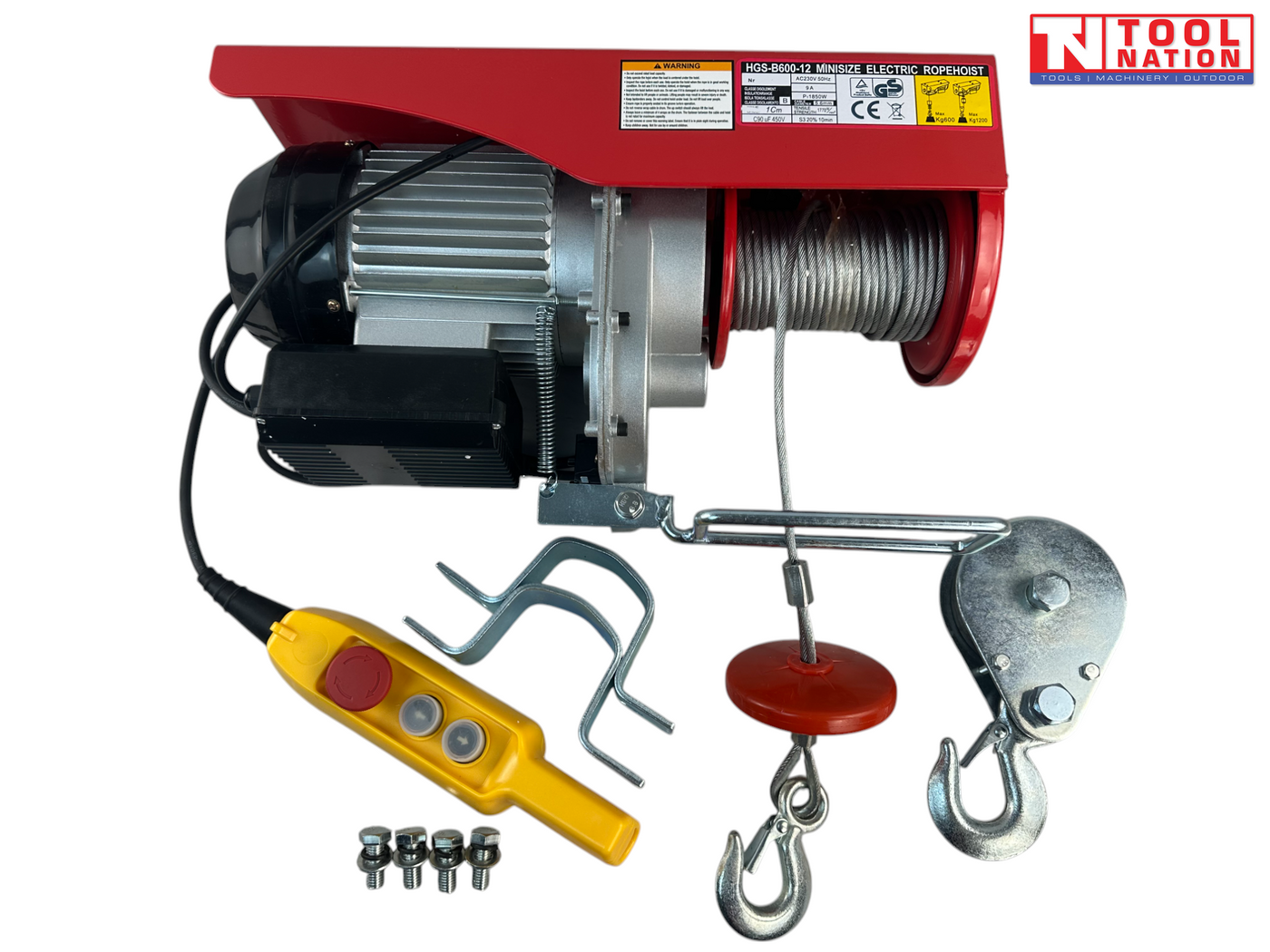 Red electric hoist with cable drum, hooks, mounting brackets, bolts, and yellow pendant control on a white background.