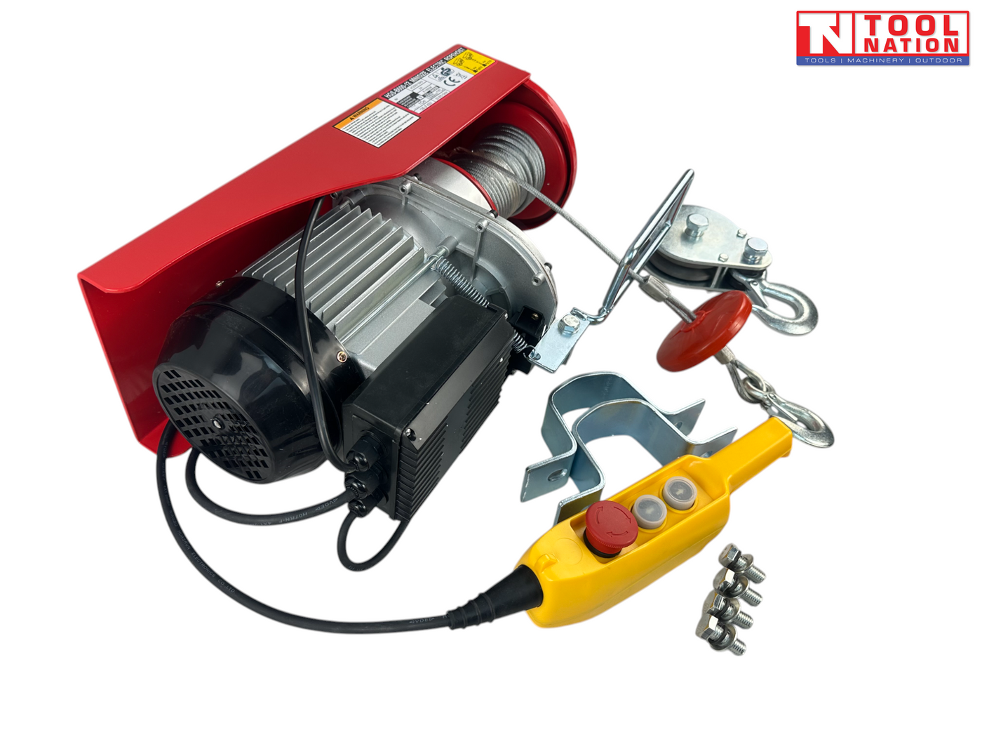 Red electric hoist shown from an angled view with cable drum, hooks, mounting brackets, bolts, and yellow pendant control.