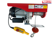 Red electric hoist with cable drum, hanging hook, and yellow pendant control on a white background.