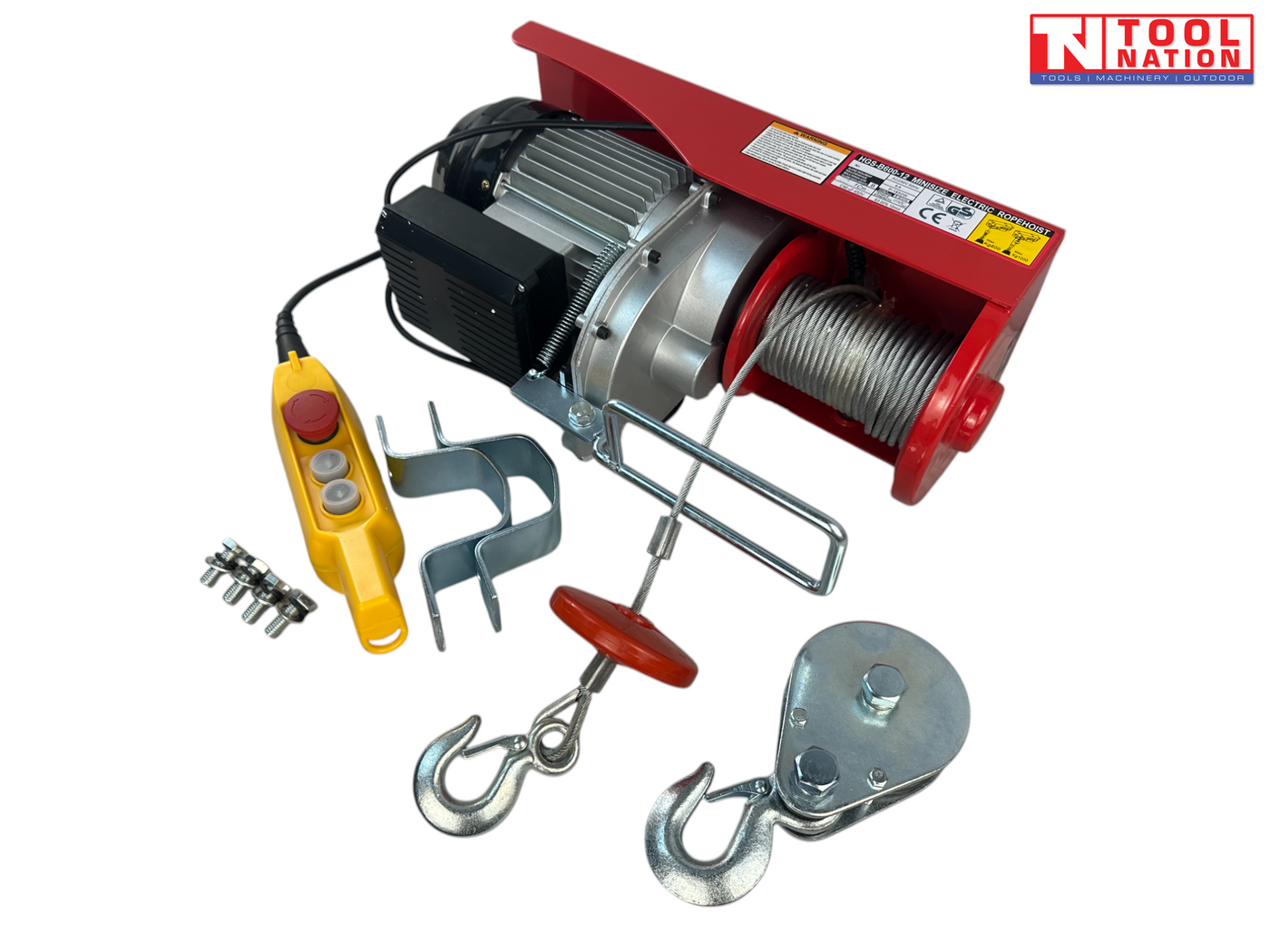 Red electric hoist shown from an angled view with cable drum, hooks, mounting brackets, bolts, and yellow pendant control.