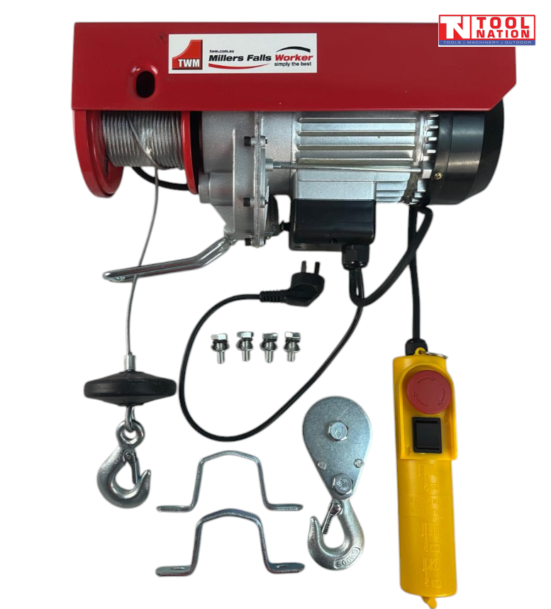 Red electric hoist with cable drum, hooks, mounting brackets, bolts, power cord, and yellow pendant control on a white background.