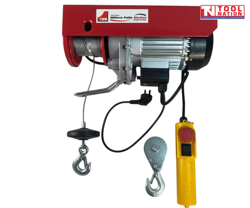 Red electric hoist with cable drum, hooks, power cord, and yellow pendant control on a white background.