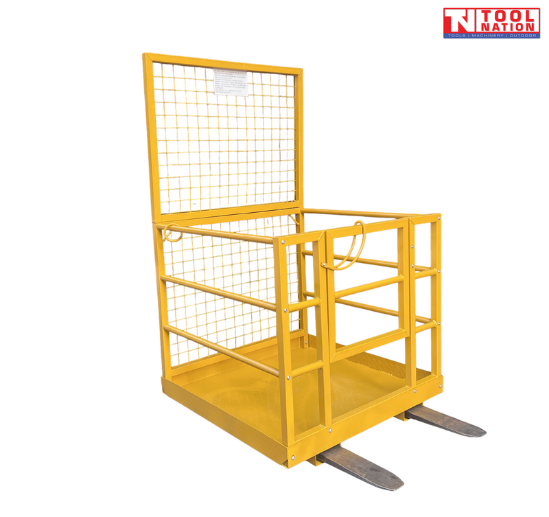 Yellow forklift work platform shown at an angle with mesh back panel, guard rails, front gate, floor plate, fork pockets and Tool Nation logo.
