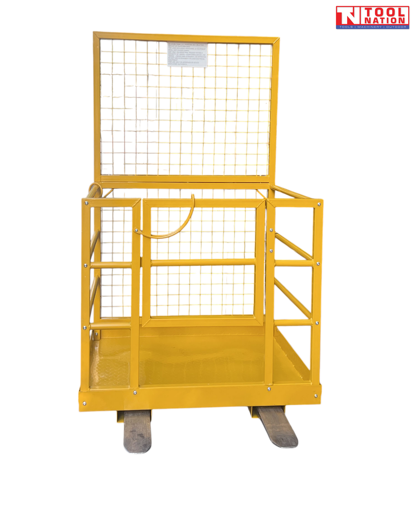 Front view of a yellow forklift work platform with mesh back panel, guard rails, front gate, floor plate, fork pockets and Tool Nation logo.