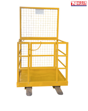 Front view of a yellow forklift work platform with mesh back panel, guard rails, front gate, floor plate, fork pockets and Tool Nation logo.