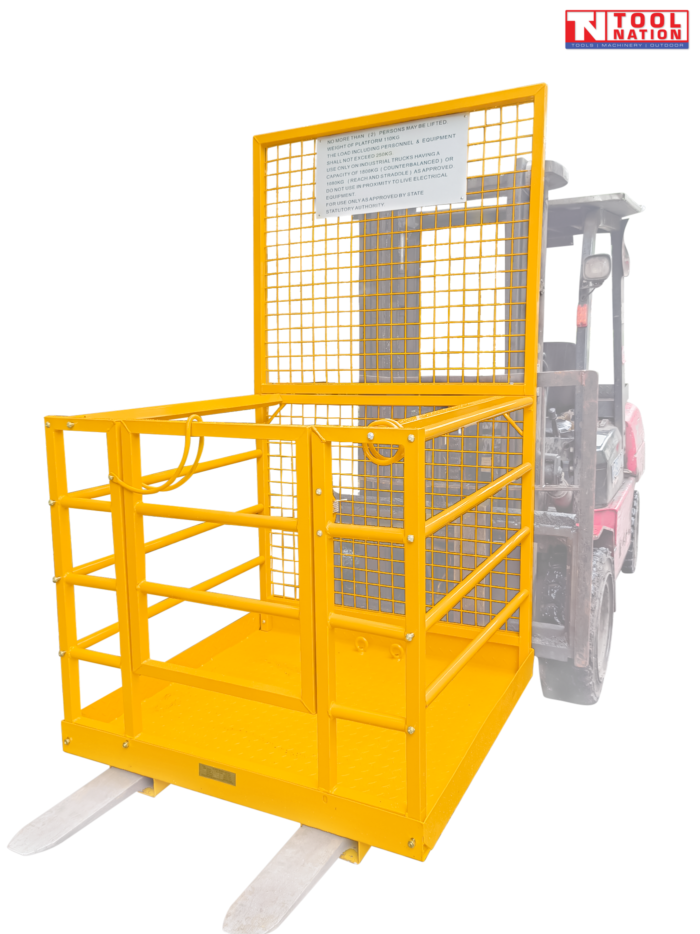 Yellow forklift work platform mounted on forklift tines, with mesh back panel, guard rails, front gate, floor plate, forklift mast and Tool Nation logo.