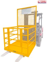 Yellow forklift work platform mounted on forklift tines, with mesh back panel, guard rails, front gate, floor plate, forklift mast and Tool Nation logo.