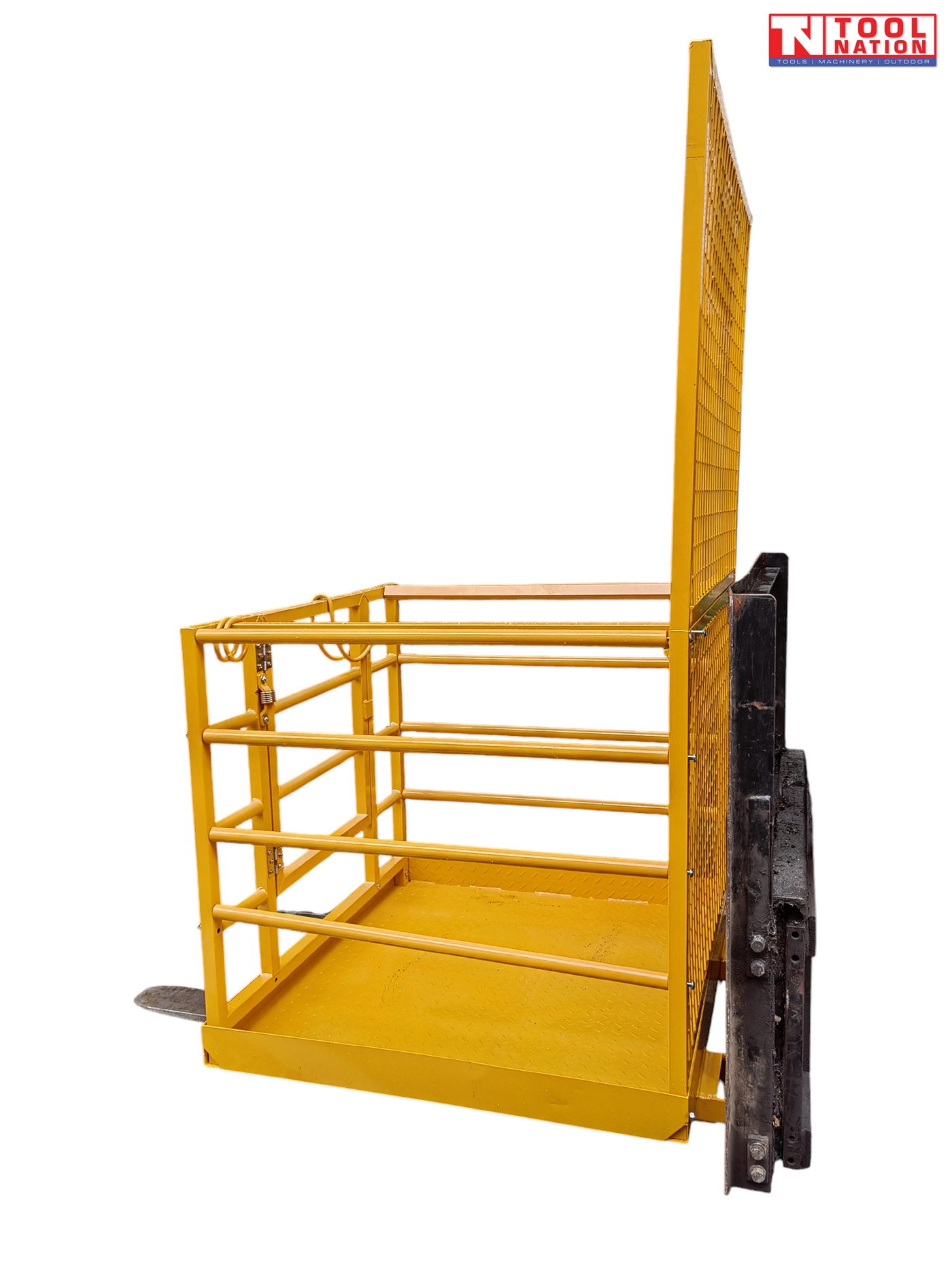 Side view of a yellow forklift work platform mounted on forklift tines, with mesh back panel, guard rails, floor plate and forklift mast.