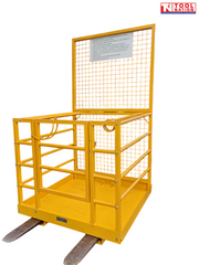 Yellow forklift work platform shown at an angle with mesh back panel, guard rails, front gate, floor plate, forklift tines and Tool Nation logo.