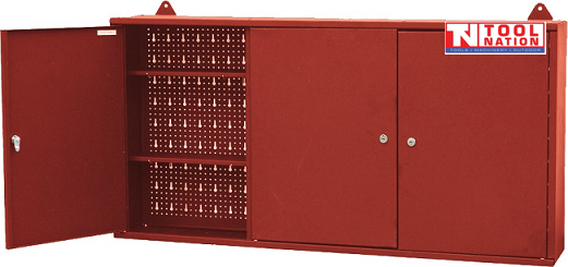 Red storage cabinet with three lockable compartments